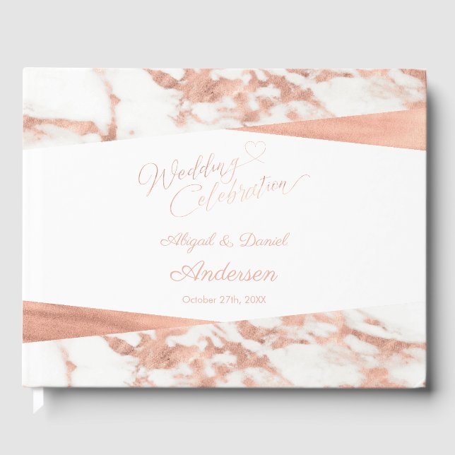 Rose Gold White Marble Custom Wedding Guest Book (Front)