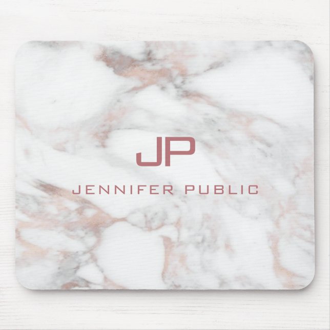 Rose Gold White Marble Elegant Monogram Template Mouse Mat (Front)