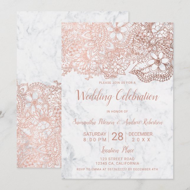 Rose gold white marble floral typography wedding invitation (Front/Back)