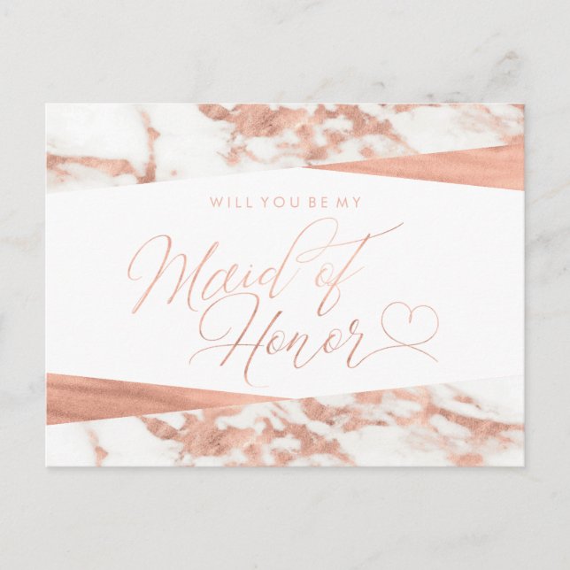 Rose Gold White Marble Maid of Honour Proposal Invitation Postcard (Front)