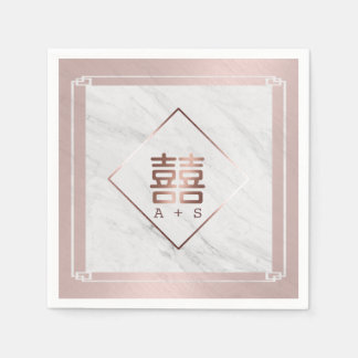 Rose Gold & White Marble Modern Chinese Wedding Napkin