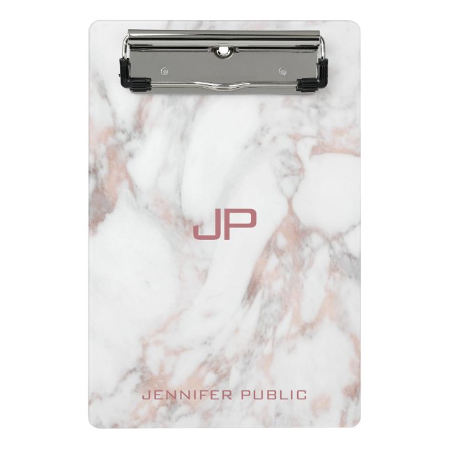 Rose Gold White Marble Modern Monogram Elegant Mini Clipboard (Front)