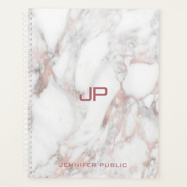 Rose Gold White Marble Modern Monogram Elegant Planner (Front)