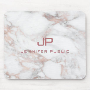 Rose Gold White Marble Modern Monogram Template Mouse Mat