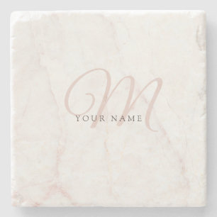 Rose Gold White Marble Stone Initial Coaster