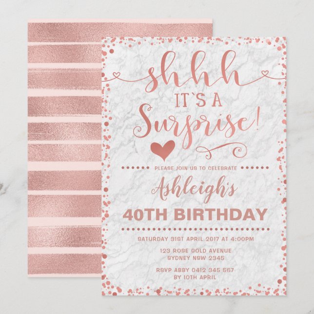 Rose Gold & White Marble Surprise Birthday Party Invitation (Front/Back)