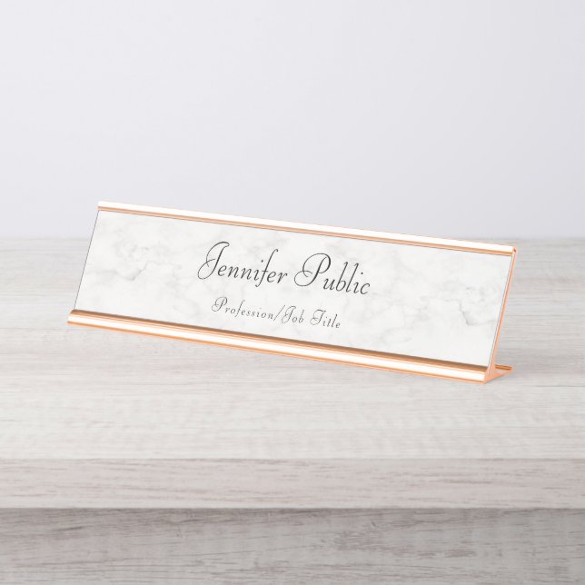 Rose Gold White Marble Template Professional Desk Name Plate (Front)