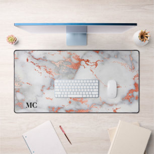 Rose Gold & White Marble With Monogram Desk Mat