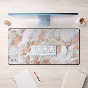 Rose Gold & White Marble With Monogram, Vs 2 Desk Mat