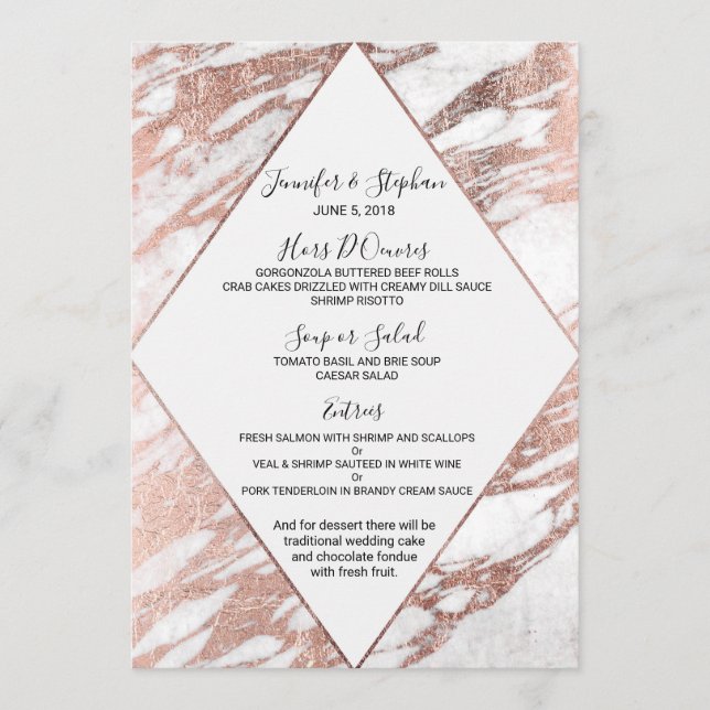 Rose Gold White Modern Marble Wedding Menu (Front)