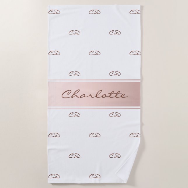 Rose gold white monogram modern elegant name beach towel (Front)