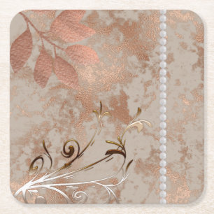 Rose Gold, White Pearls, Floral Square  Tile Bever Square Paper Coaster