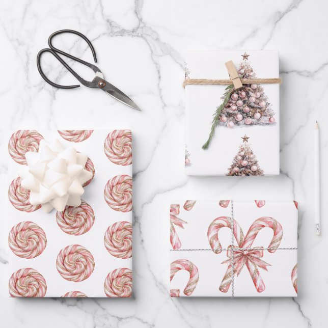 Rose Gold White Peppermints Christmas   Wrapping Paper Sheet (Front)