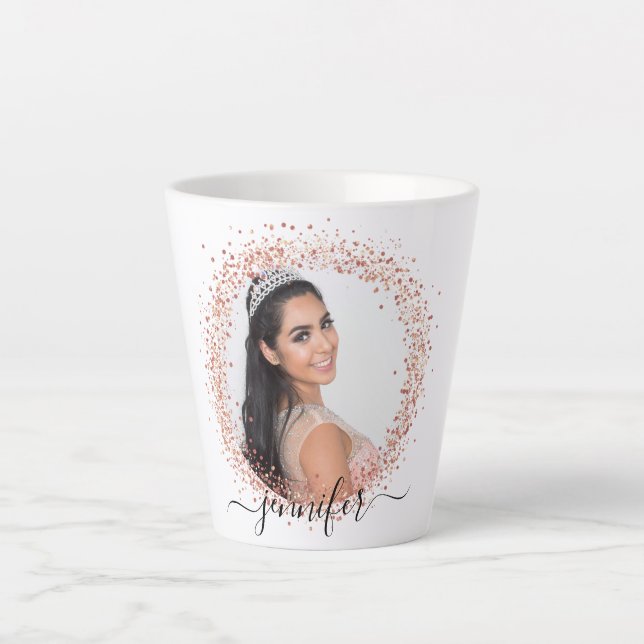 Rose gold white photo glitter name script latte mug (Front)