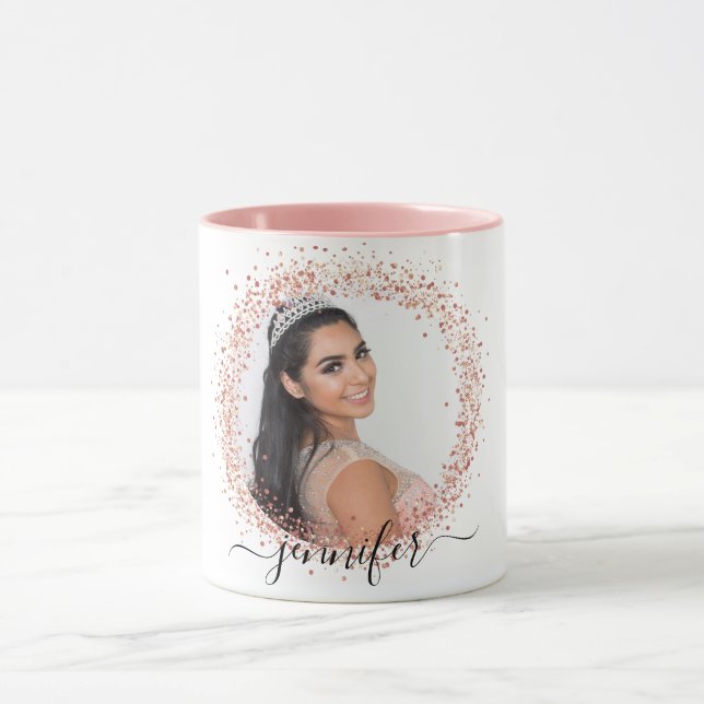 Rose gold white photo glitter name script mug (Center)