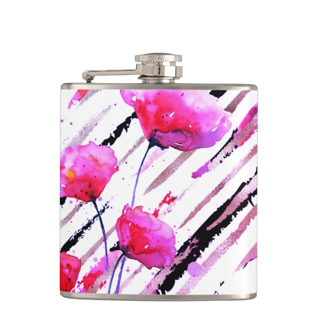 *~* Rose Gold White Pink Lavender Poppy Pattern Hip Flask (Front)