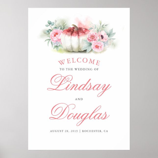 Rose Gold White Pumpkins Fall Wedding Welcome Sign (Front)