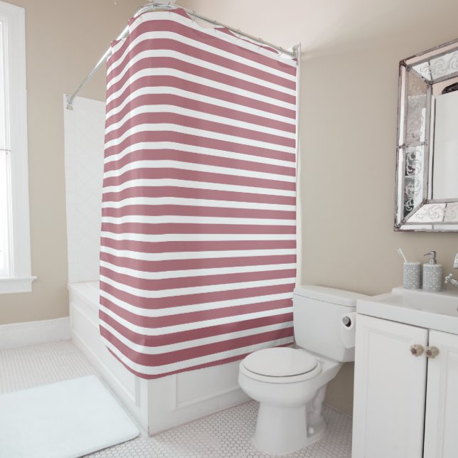 Rose Gold White Simple Horizontal Striped Shower Curtain (In Situ)