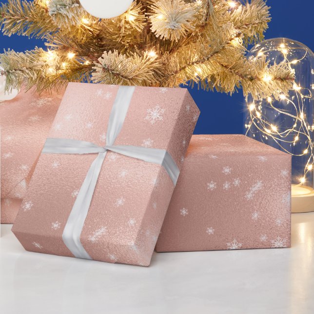 Rose Gold White Snowflakes Wrapping Paper (Holidays)