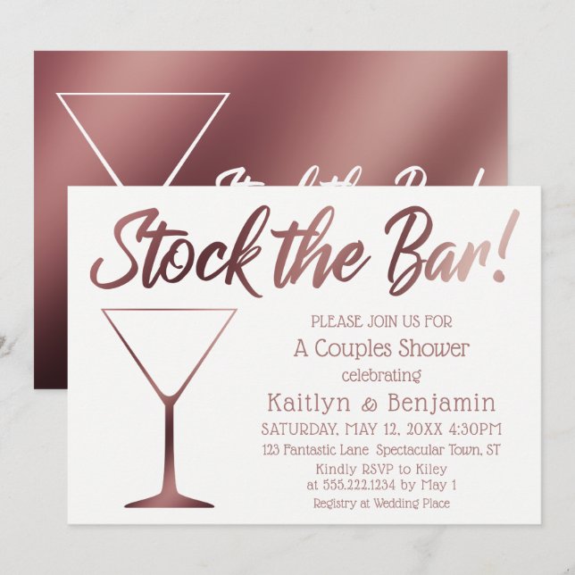 Rose Gold & White Stock the Bar Couples Shower Invitation (Front/Back)