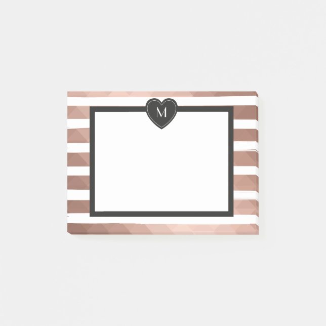 Rose gold, white stripes, black monogramm heart post-it notes (Front)