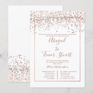 Rose gold white typography confetti wedding invitation