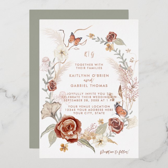 Rose Gold Wildflower Wreath Butterfly Sage Wedding (Front/Back)