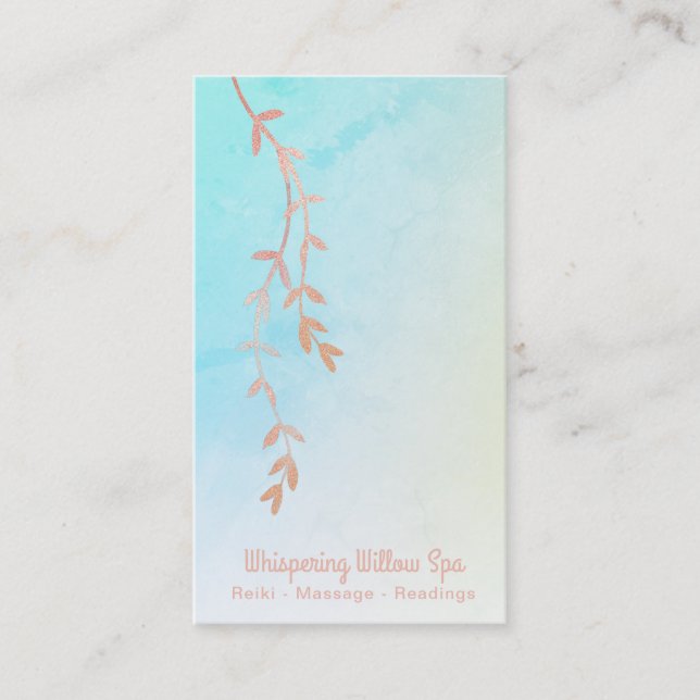 *~* Rose Gold Willow Tree Branch Pastel Rainbow Business Card (Front)