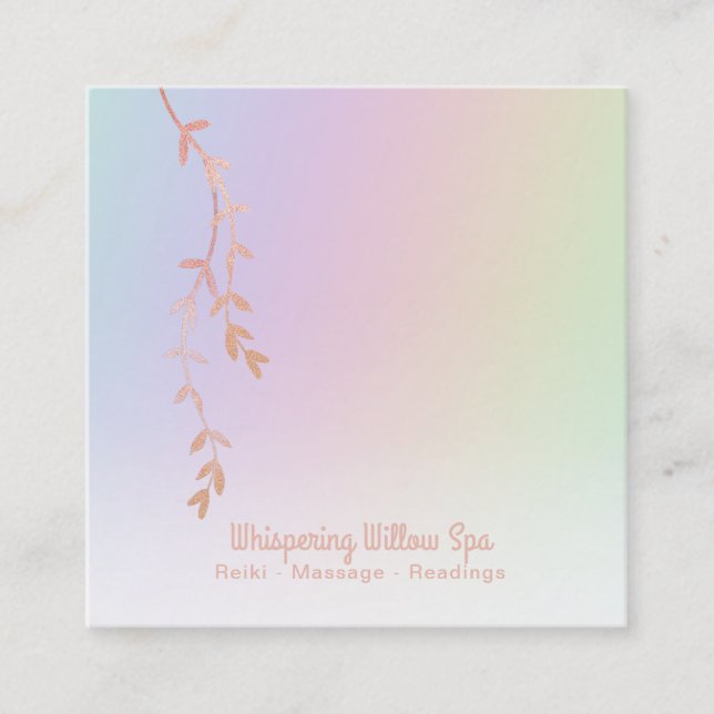 *~* Rose Gold Willow Tree Branch Pastel Rainbow Square Business Card (Front)