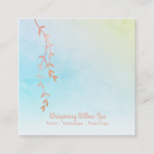 *~* Rose Gold Willow Tree Branch Rainbow Pastel Square Business Card