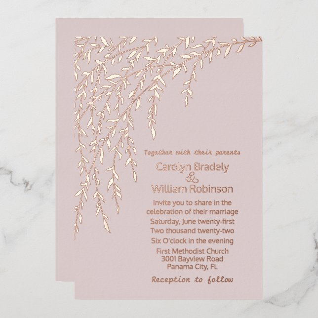 Rose Gold Willows Blush Wedding Foil Invitation (Front/Back)