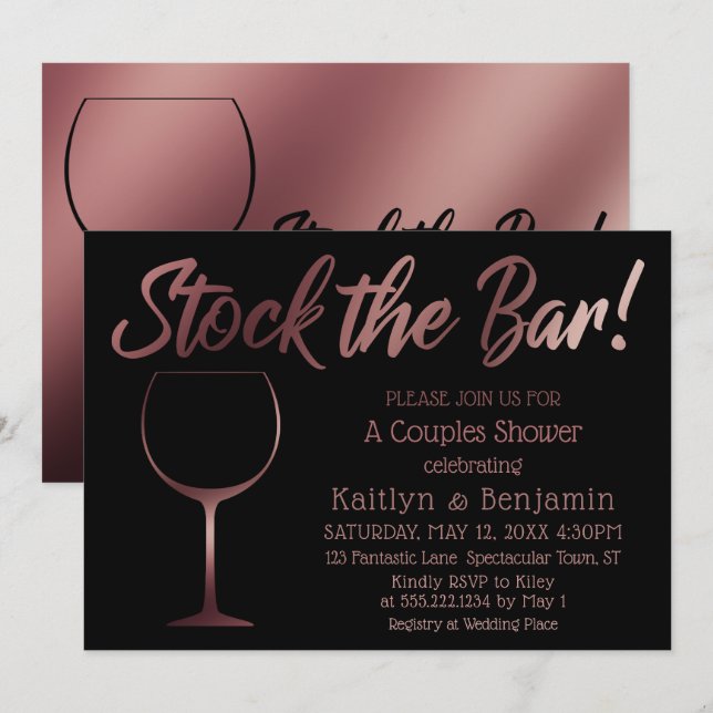 Rose Gold Wine Glass Stock the Bar Couples Shower Invitation (Front/Back)