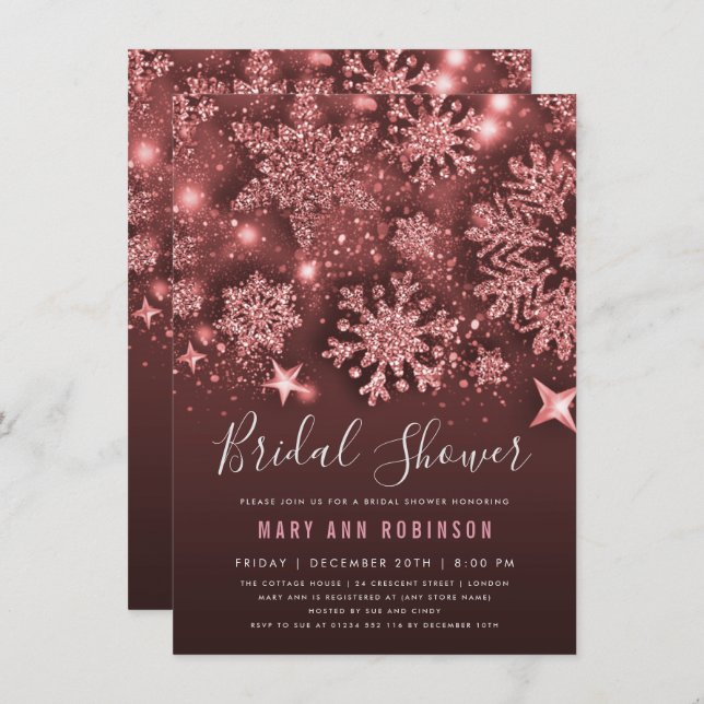 Rose Gold Winter Bridal Shower Glitter & Stars Invitation (Front/Back)