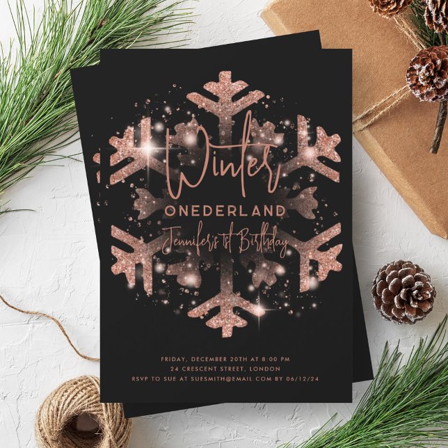Rose Gold Winter ONEDERLAND 1st Birthday Black Invitation (Rose Gold Winter ONEDERLAND 1st Birthday Black Invitation)