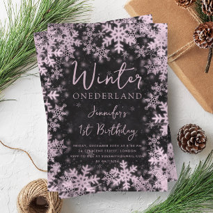 Rose Gold Winter ONEDERLAND 1st Birthday Black Invitation