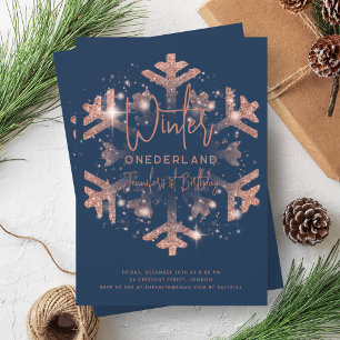 Rose Gold Winter ONEDERLAND 1st Birthday Navy  Invitation