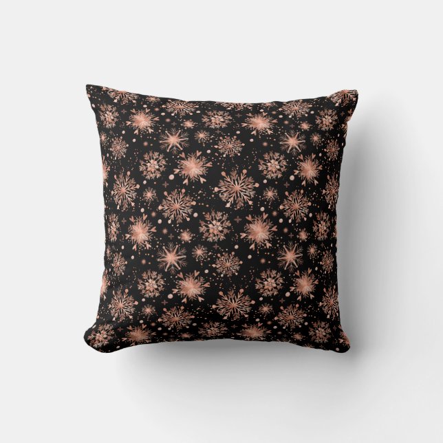 Rose Gold Winter Snowflakes on Black Cushion (Front)