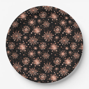 Rose Gold Winter Snowflakes on Black Paper Plate