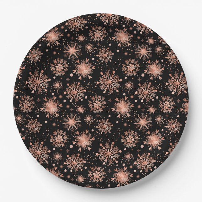 Rose Gold Winter Snowflakes on Black Paper Plate (Front)