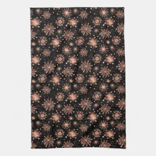 Rose Gold Winter Snowflakes on Black Tea Towel