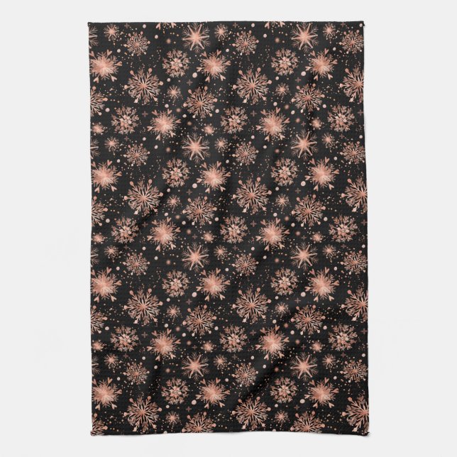 Rose Gold Winter Snowflakes on Black Tea Towel (Vertical)