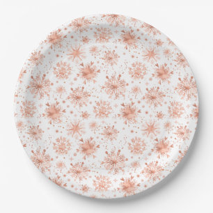 Rose Gold Winter Snowflakes on White Paper Plate