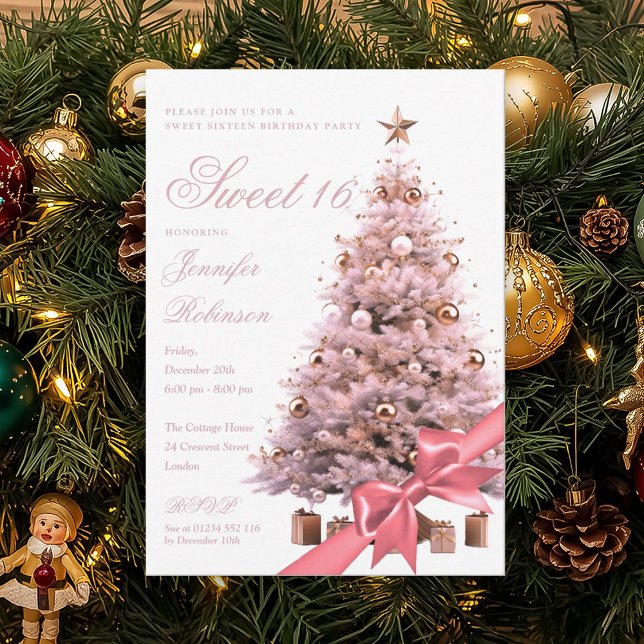 Rose Gold Winter Wonderland Bow Sweet 16 Birthday  Invitation (Rose Gold Winter Wonderland Bow Sweet 16 Birthday Invitation)