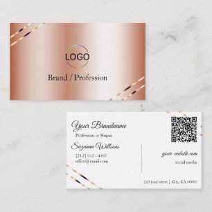 Rose Gold with Shimmery Lines Logo and QR Code Business Card