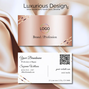 Rose Gold with Shimmery Lines Logo and QR Code Business Card