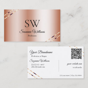 Rose Gold with Shimmery Lines Monogram QR Code Business Card