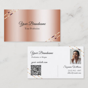 Rose Gold with Shimmery Lines Photo and QR Code Business Card