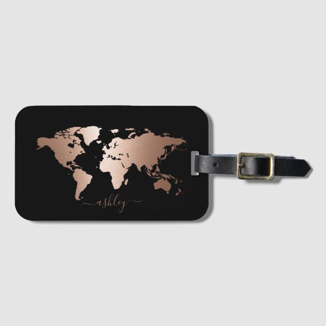 Rose Gold Wolrld Map Luggage Tag (Front Horizontal)