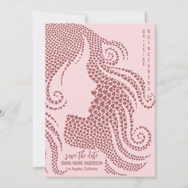 Rose Gold Woman Silhouette in Hearts Quinceañera Save The Date (Front)