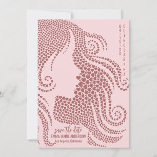 Rose Gold Woman Silhouette in Hearts Quinceañera Save The Date